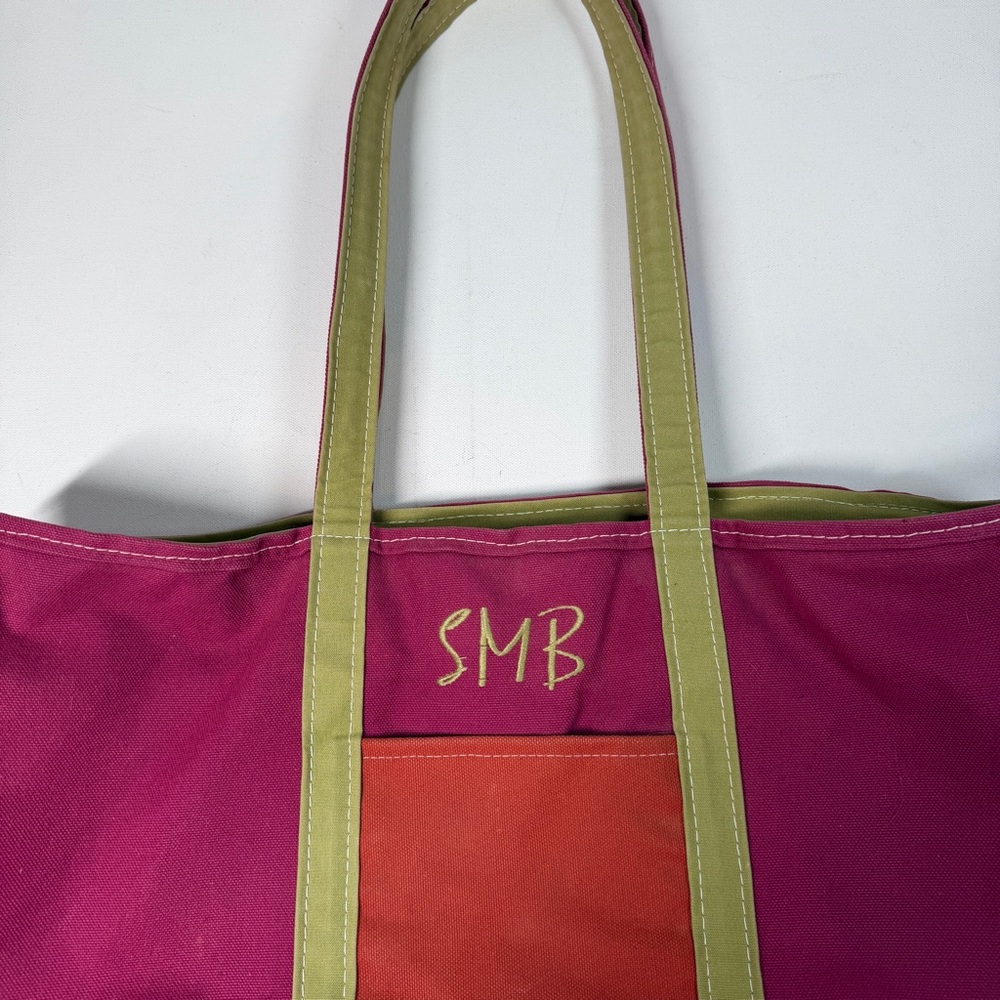 LL bean Boat And Tote Vintage Bag Large Color Block Monogram Canvas Fuchsia - Picture 3 of 16
